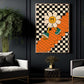 Retro Smiley Flower Canvas Painting, Trippy Flower Walking On Stairs Wall Art Decor, Groovy Poster Gift Bedroom Or Studio