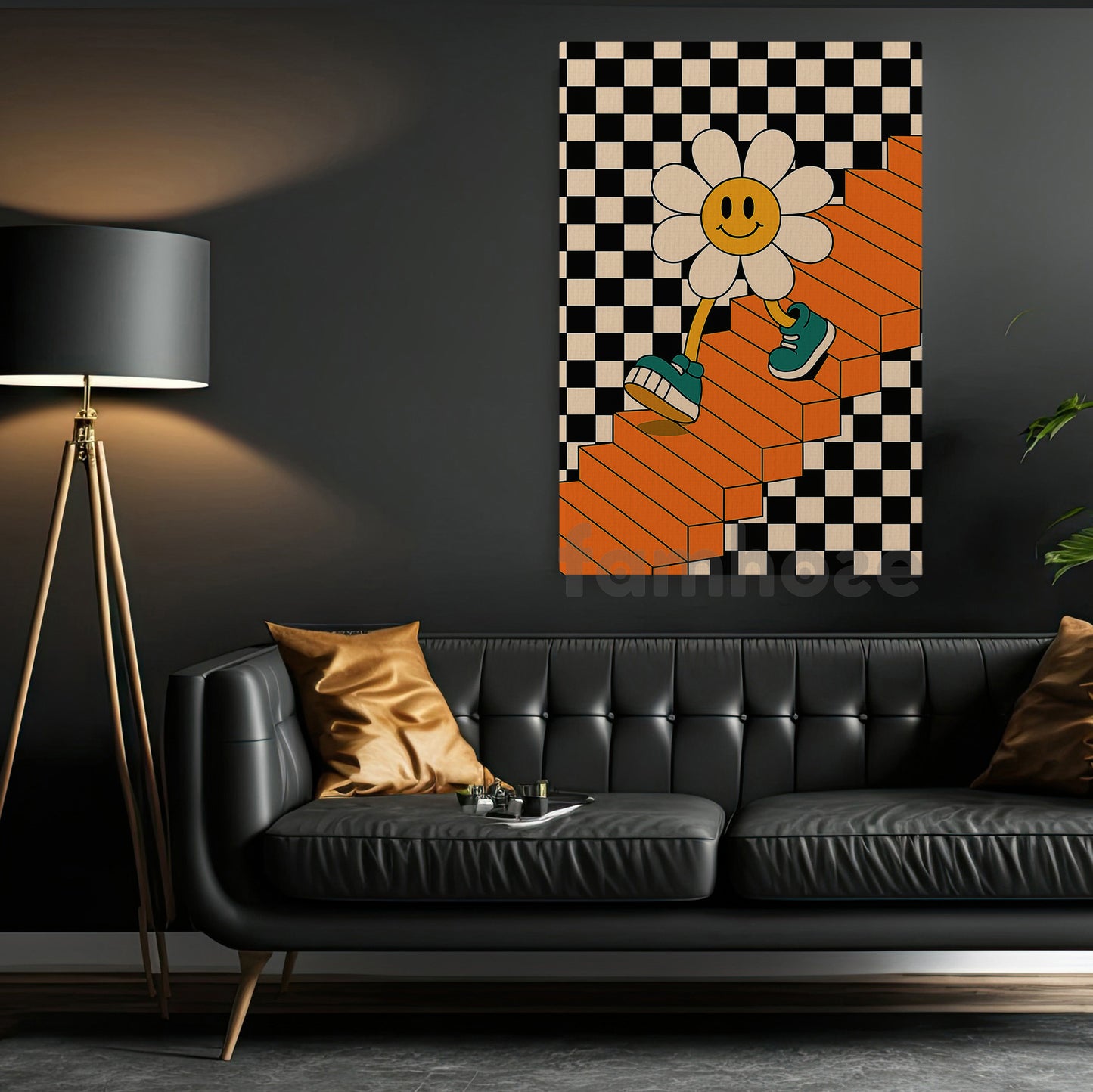 Retro Smiley Flower Canvas Painting, Trippy Flower Walking On Stairs Wall Art Decor, Groovy Poster Gift Bedroom Or Studio