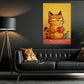 Humorous Stylized Cartoon Coffee Cat Canvas Painting, Grumpy Cat With Morning Coffee Wall Art Decor, Poster Gift For Cat Lovers, Coffee Lovers