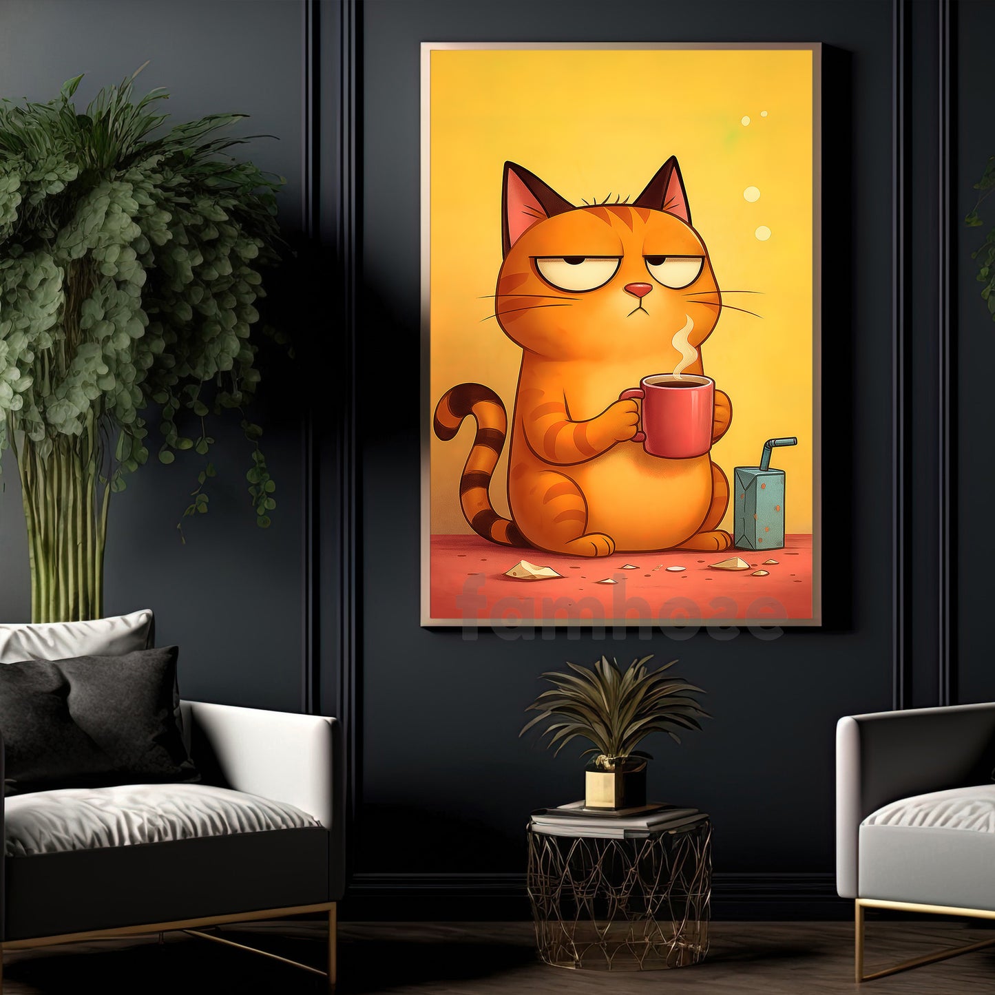 Humorous Stylized Cartoon Coffee Cat Canvas Painting, Grumpy Cat With Morning Coffee Wall Art Decor, Poster Gift For Cat Lovers, Coffee Lovers