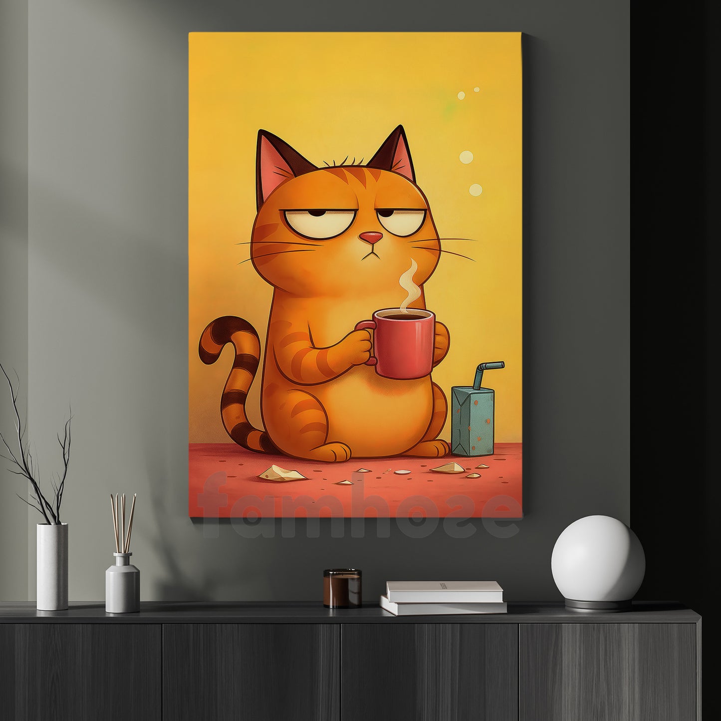 Humorous Stylized Cartoon Coffee Cat Canvas Painting, Grumpy Cat With Morning Coffee Wall Art Decor, Poster Gift For Cat Lovers, Coffee Lovers