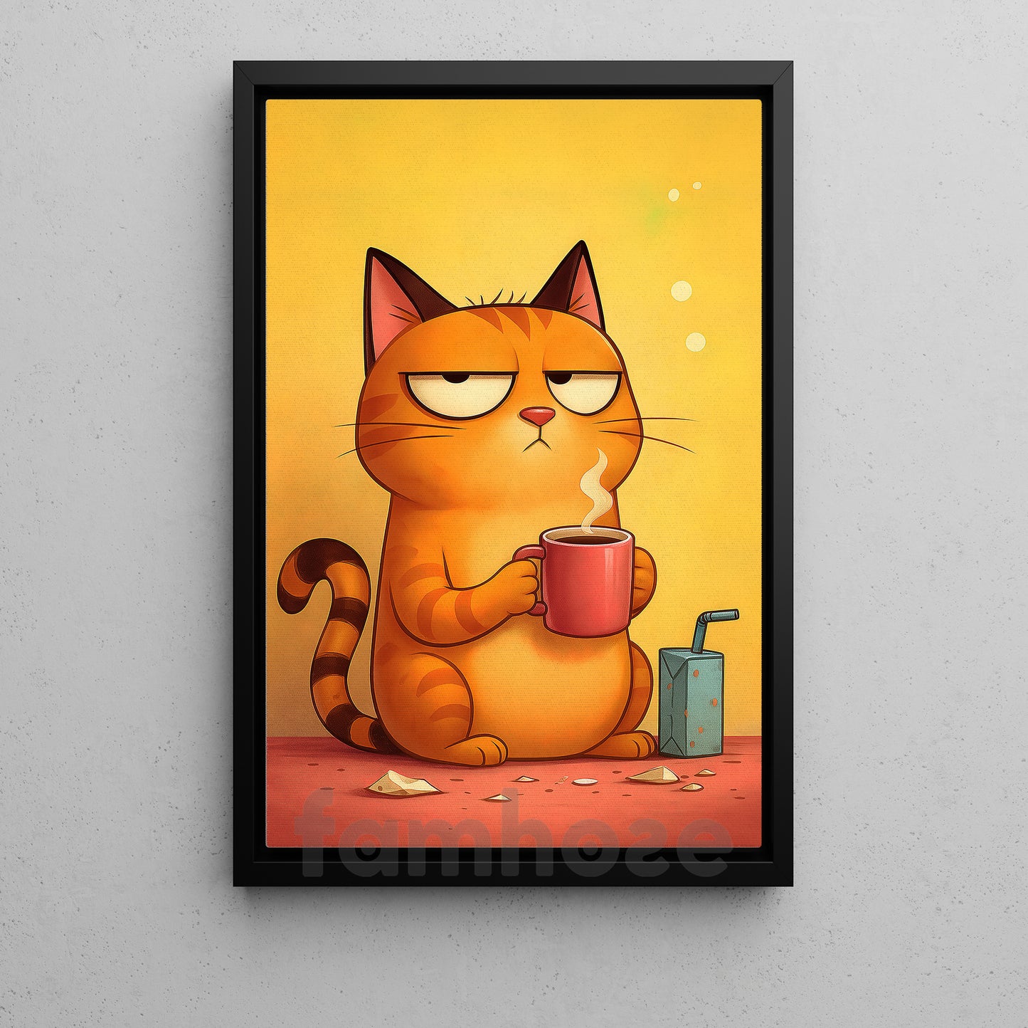 Humorous Stylized Cartoon Coffee Cat Canvas Painting, Grumpy Cat With Morning Coffee Wall Art Decor, Poster Gift For Cat Lovers, Coffee Lovers