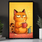 Humorous Stylized Cartoon Coffee Cat Canvas Painting, Grumpy Cat With Morning Coffee Wall Art Decor, Poster Gift For Cat Lovers, Coffee Lovers