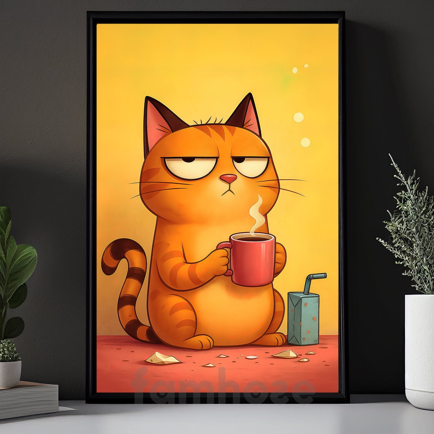 Humorous Stylized Cartoon Coffee Cat Canvas Painting, Grumpy Cat With Morning Coffee Wall Art Decor, Poster Gift For Cat Lovers, Coffee Lovers