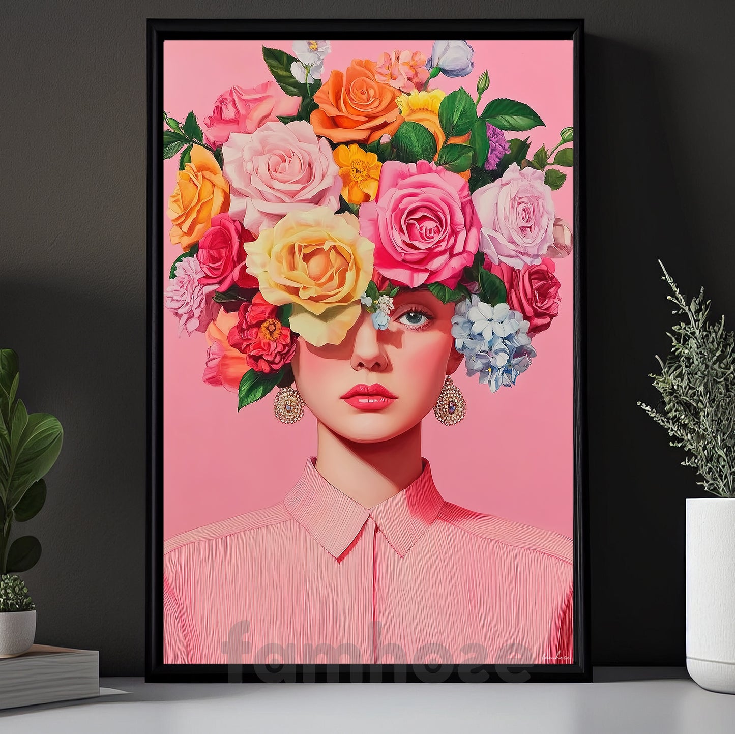 Vibrant Blooming Girl Canvas Painting, Woman With Blossoming Rose Wall Art Decor, Poster Gift To Decor House Or Office