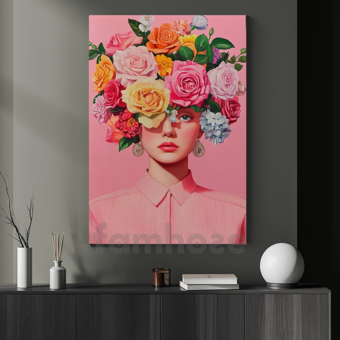 Vibrant Blooming Girl Canvas Painting, Woman With Blossoming Rose Wall Art Decor, Poster Gift To Decor House Or Office