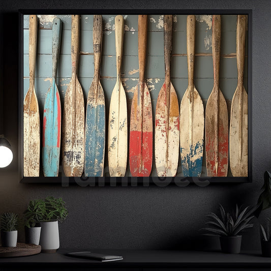 Rustic Oar Canvas Painting, Vintage Wooden Paddle Wall Art Decor, Poster Gift