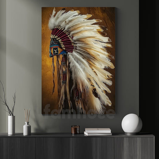 Rustic Tribal Canvas Painting, Native American Headdress Wall Art Decor, Western Decor Poster For Living Room