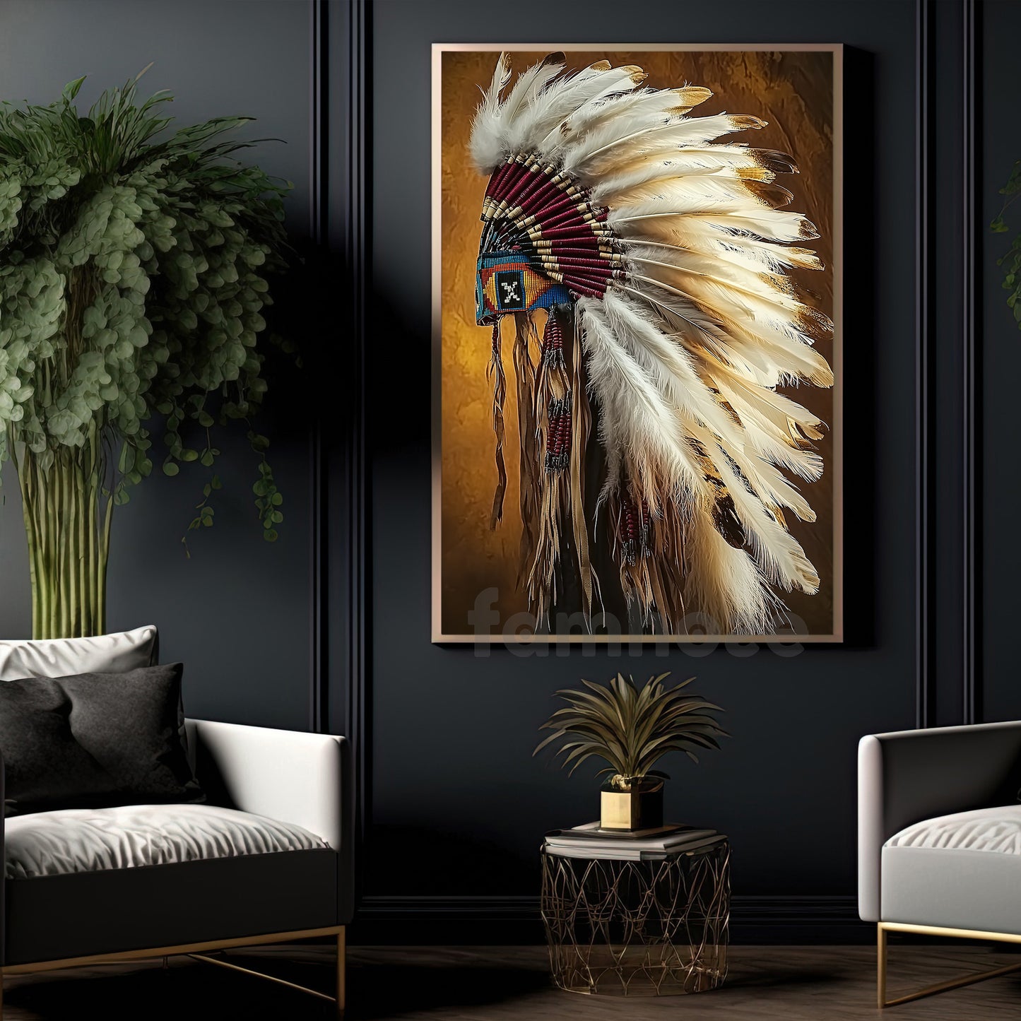 Rustic Tribal Canvas Painting, Native American Headdress Wall Art Decor, Western Decor Poster For Living Room