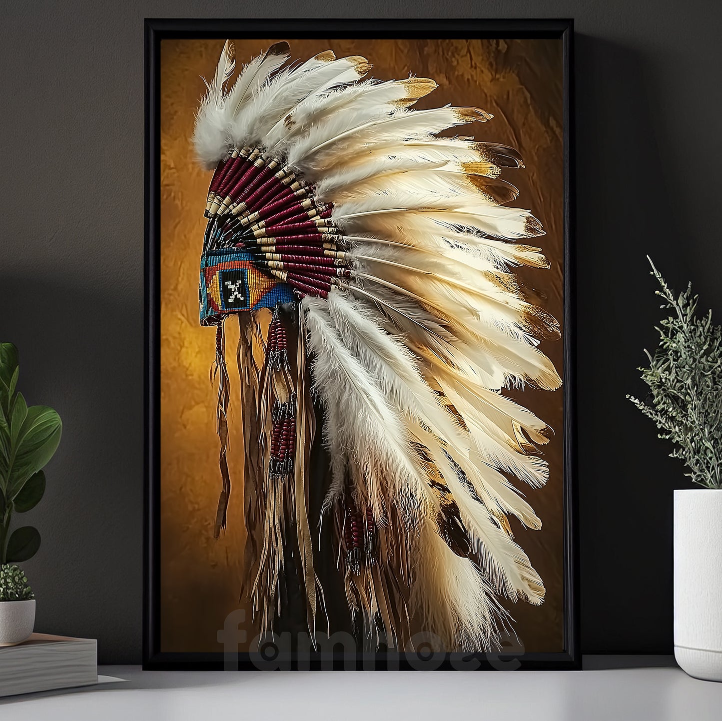 Rustic Tribal Canvas Painting, Native American Headdress Wall Art Decor, Western Decor Poster For Living Room