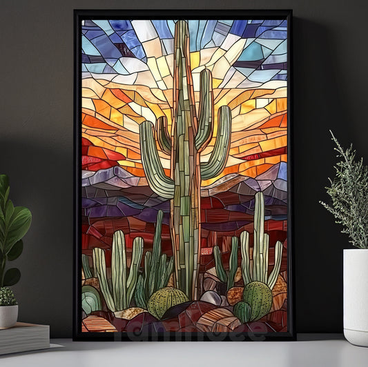 Stained Glass Cactus Canvas Painting, Colorful Desert Sunset Wall Art Decor, Southwestern Decor Poster For Living Room