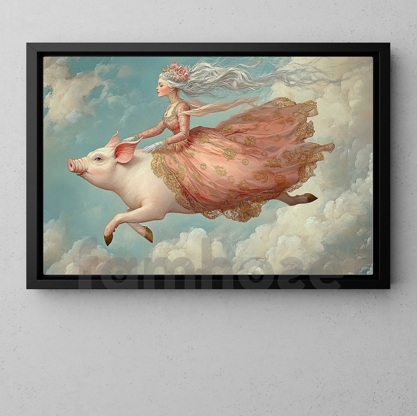 Funny Flying Pig Canvas Painting, Fantasy Princess Riding Pig Wall Art Decor, Whimsical Surreal Artwork For Living Room Decor