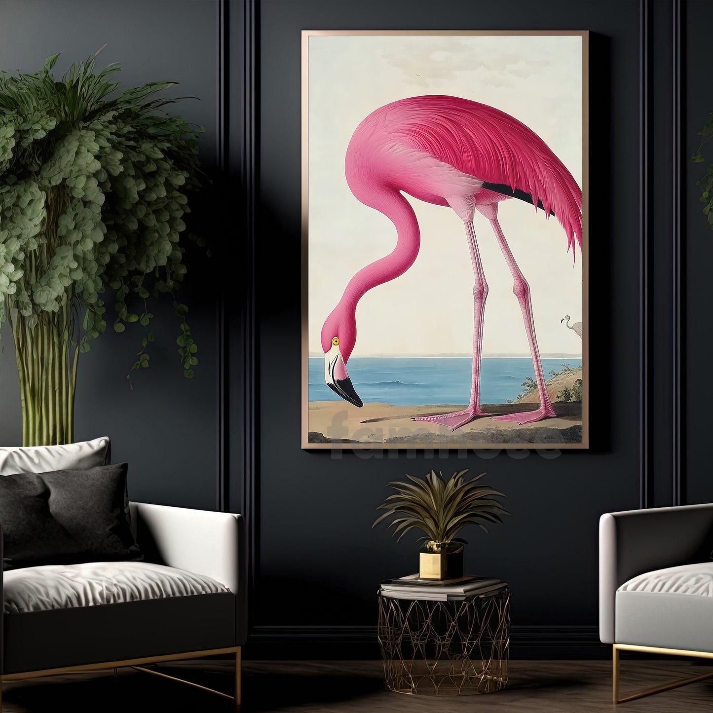 Elegant Flamingo Canvas Painting, Pink Flamingo Exploring Coastal Sands Wild Animals Wall Art Decor, Poster Gift For Flamingo Lovers
