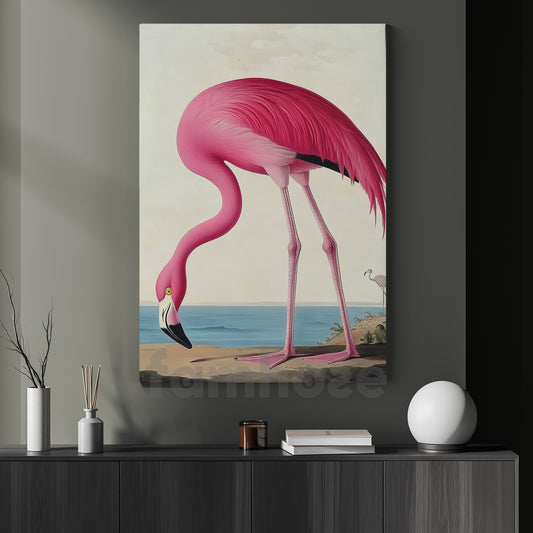 Elegant Flamingo Canvas Painting, Pink Flamingo Exploring Coastal Sands Wild Animals Wall Art Decor, Poster Gift For Flamingo Lovers