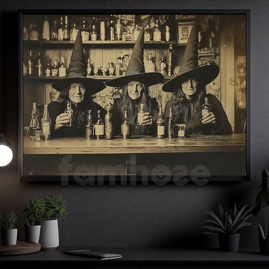Halloween Witch Canvas Painting, Witchy Happy Hour Wall Art Decor, Spooky Season Poster Gift For Witch Lovers