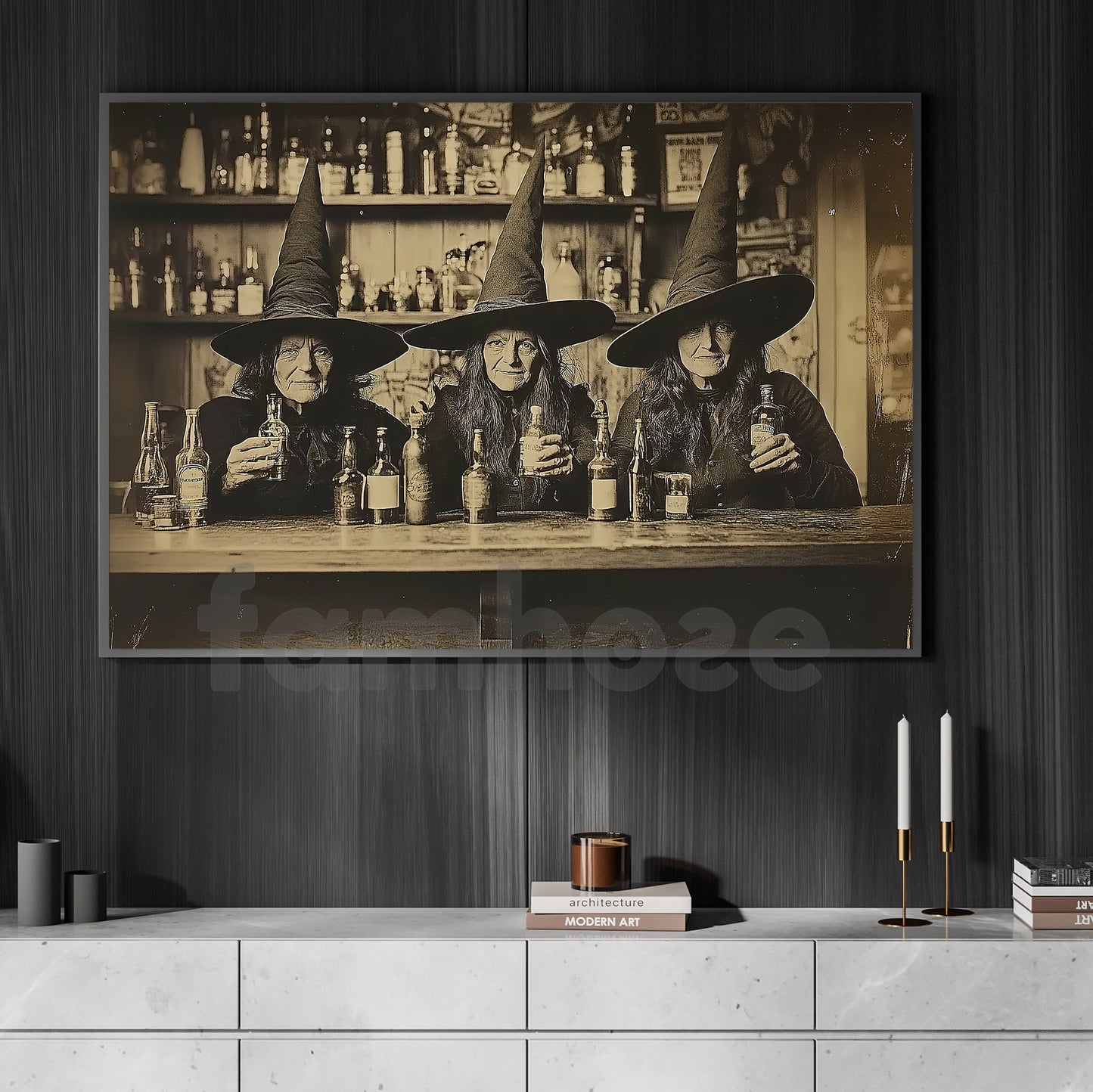 Halloween Witch Canvas Painting, Witchy Happy Hour Wall Art Decor, Spooky Season Poster Gift For Witch Lovers