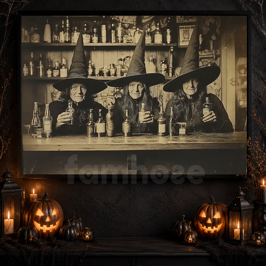 Halloween Witch Canvas Painting, Witchy Happy Hour Wall Art Decor, Spooky Season Poster Gift For Witch Lovers