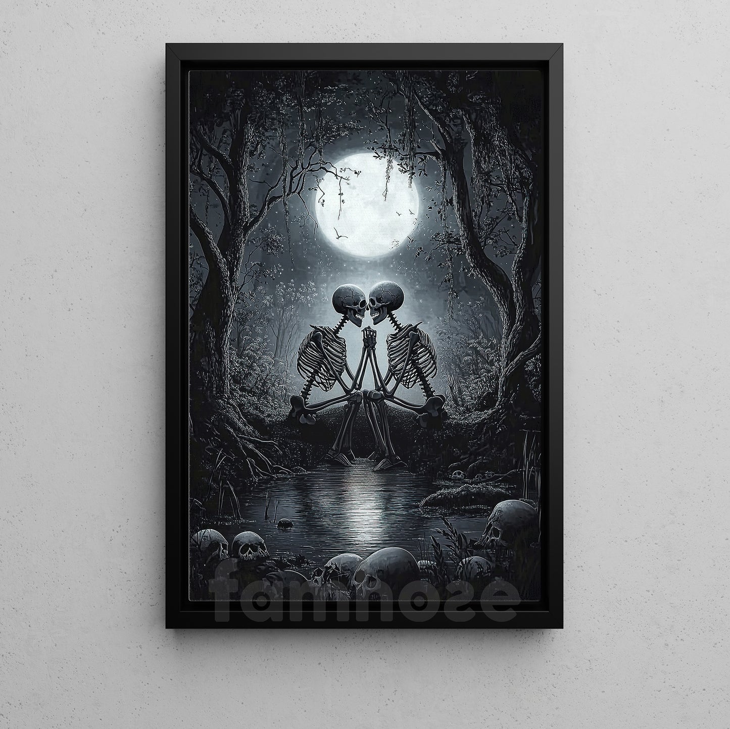Halloween Skeleton Canvas Painting, Romance In The Shadows Wall Art Decor, Spooky Season Poster Gift For Skeleton Lovers