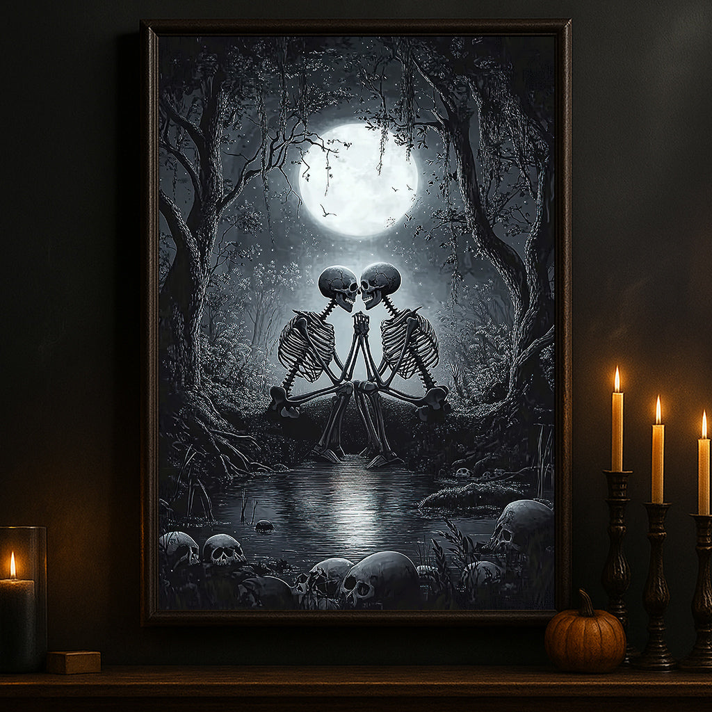 Halloween Skeleton Canvas Painting, Romance In The Shadows Wall Art Decor, Spooky Season Poster Gift For Skeleton Lovers