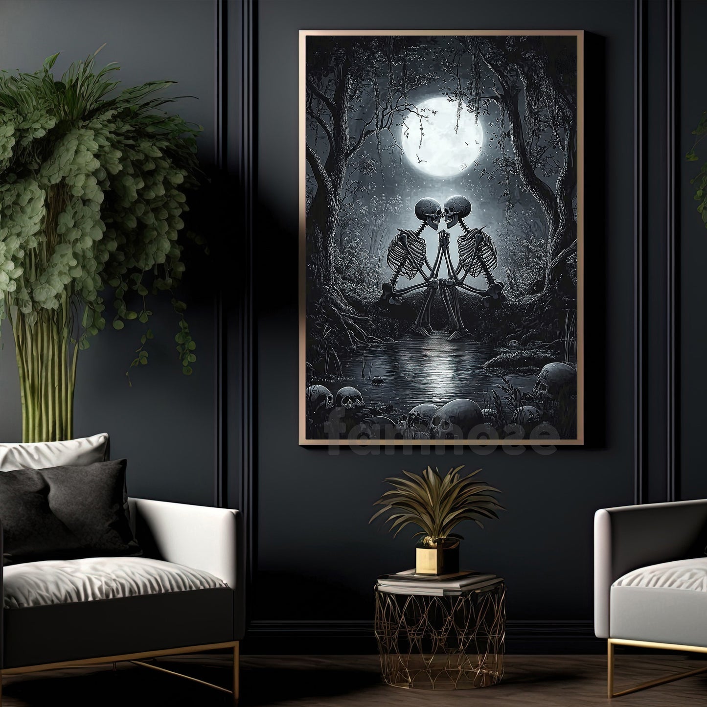 Halloween Skeleton Canvas Painting, Romance In The Shadows Wall Art Decor, Spooky Season Poster Gift For Skeleton Lovers