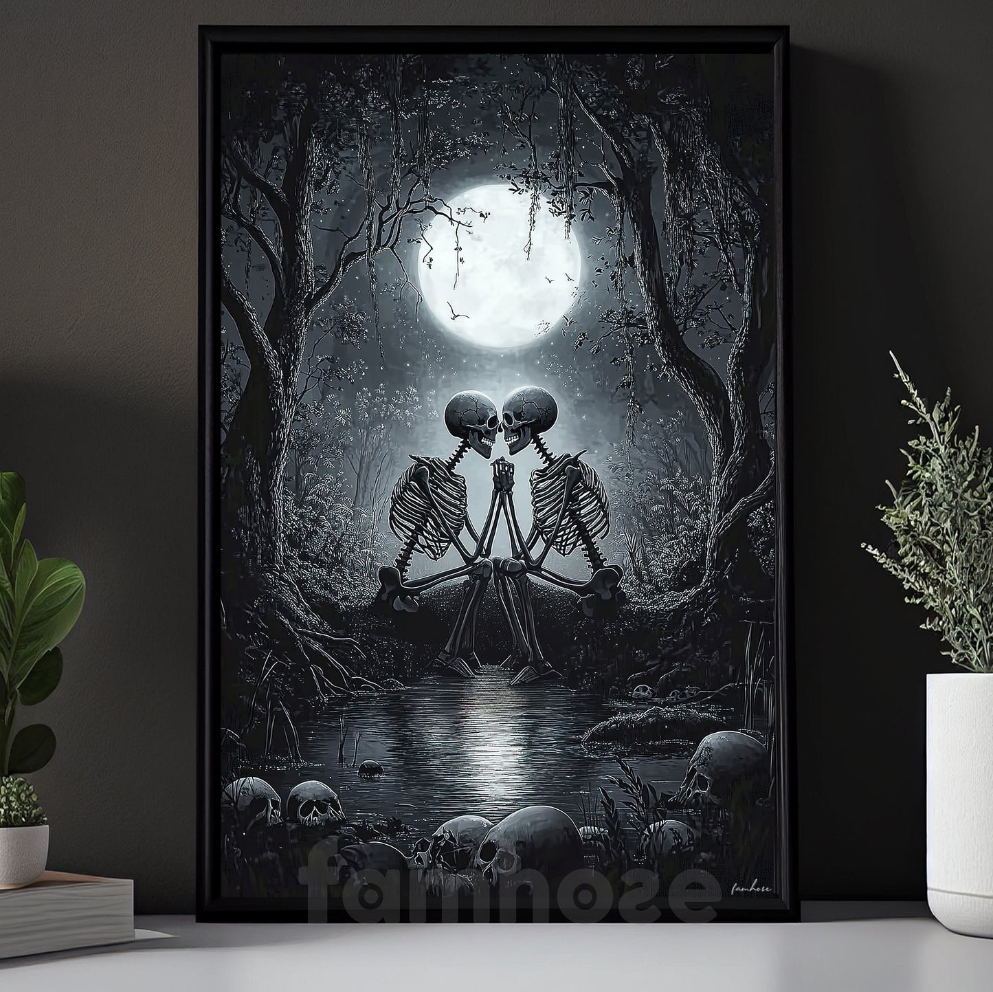 Halloween Skeleton Canvas Painting, Romance In The Shadows Wall Art Decor, Spooky Season Poster Gift For Skeleton Lovers