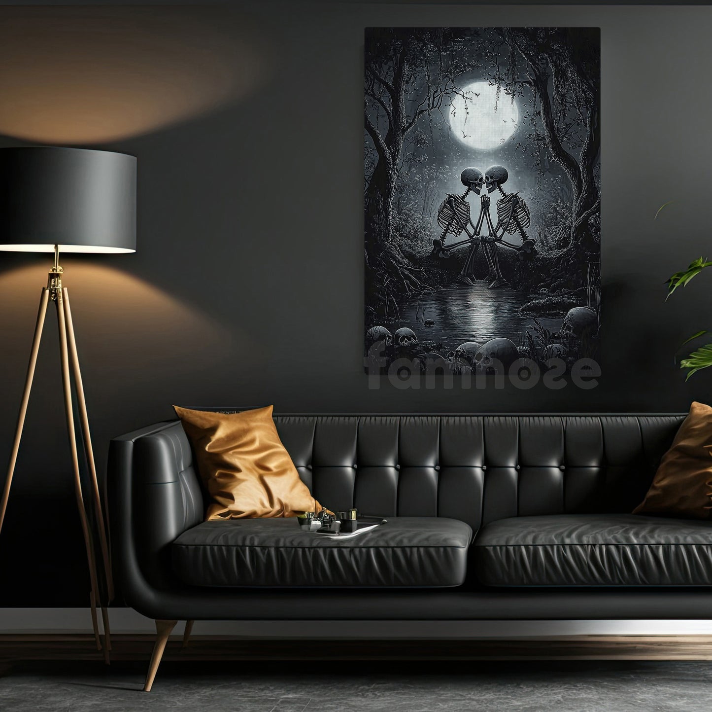 Halloween Skeleton Canvas Painting, Romance In The Shadows Wall Art Decor, Spooky Season Poster Gift For Skeleton Lovers