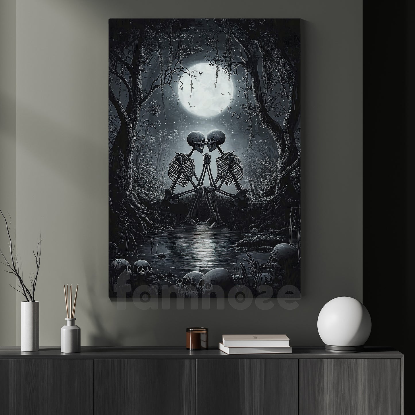 Halloween Skeleton Canvas Painting, Romance In The Shadows Wall Art Decor, Spooky Season Poster Gift For Skeleton Lovers