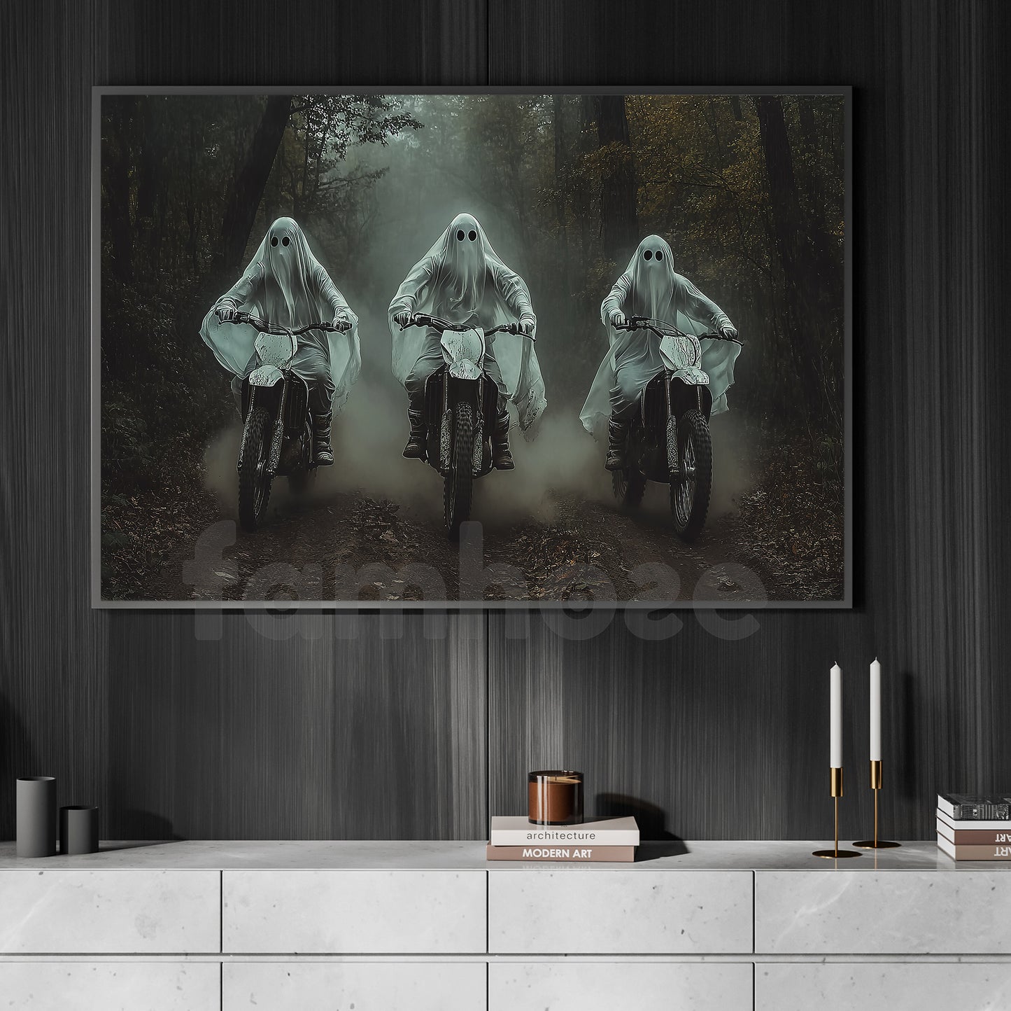 Halloween Ghost Riding Motocross Canvas Painting, Spirited Journey Wall Art Decor, Spooky Season Poster Gift For Motocross Lovers