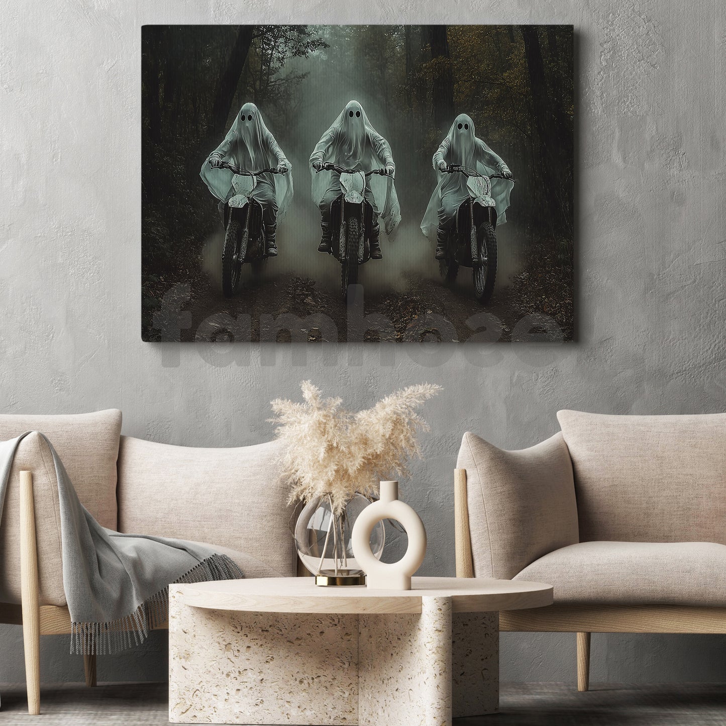 Halloween Ghost Riding Motocross Canvas Painting, Spirited Journey Wall Art Decor, Spooky Season Poster Gift For Motocross Lovers