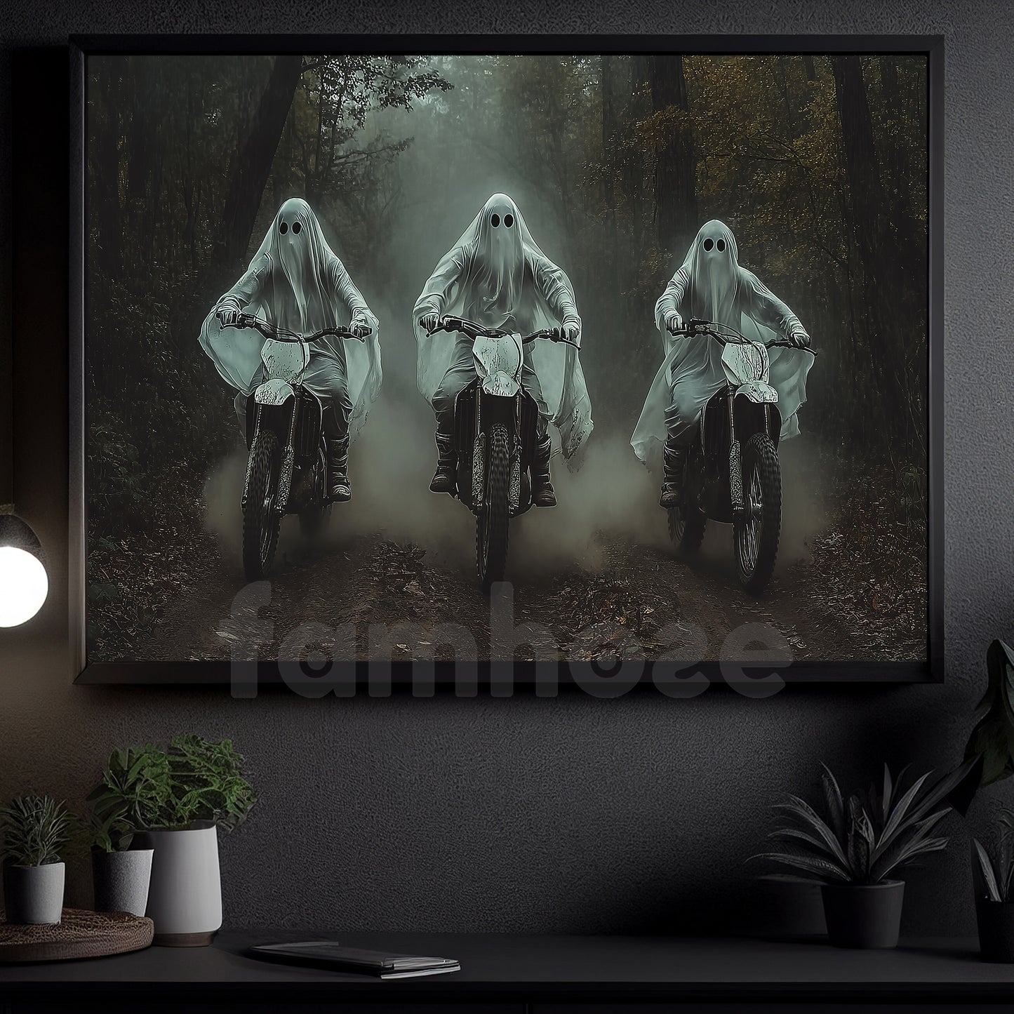 Halloween Ghost Riding Motocross Canvas Painting, Spirited Journey Wall Art Decor, Spooky Season Poster Gift For Motocross Lovers