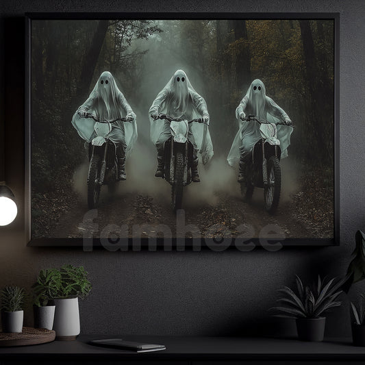 Halloween Ghost Riding Motocross Canvas Painting, Spirited Journey Wall Art Decor, Spooky Season Poster Gift For Motocross Lovers
