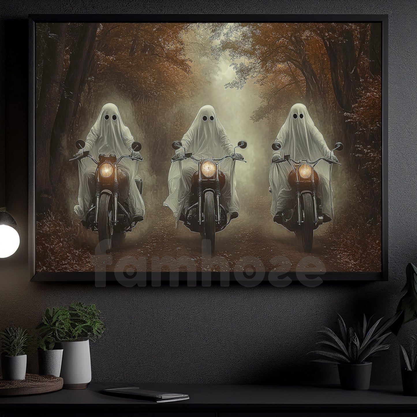 Halloween Motorcycle Canvas Painting, Ghost Riders Of The Autumn Road Wall Art Decor, Spooky Season Poster Gift For Biker