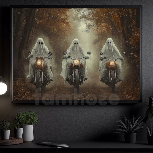 Halloween Motorcycle Canvas Painting, Ghost Riders Of The Autumn Road Wall Art Decor, Spooky Season Poster Gift For Biker