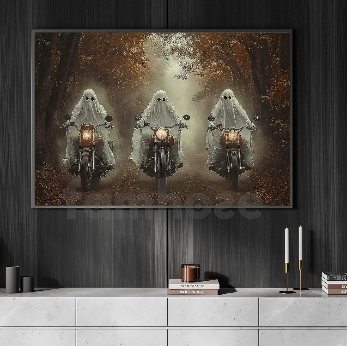 Halloween Motorcycle Canvas Painting, Ghost Riders Of The Autumn Road Wall Art Decor, Spooky Season Poster Gift For Biker