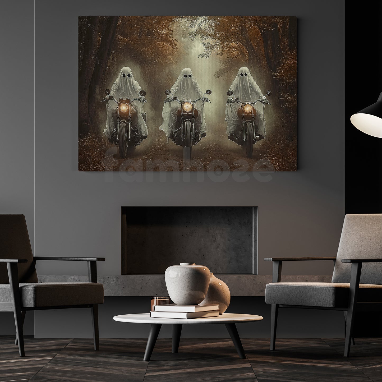 Halloween Motorcycle Canvas Painting, Ghost Riders Of The Autumn Road Wall Art Decor, Spooky Season Poster Gift For Biker