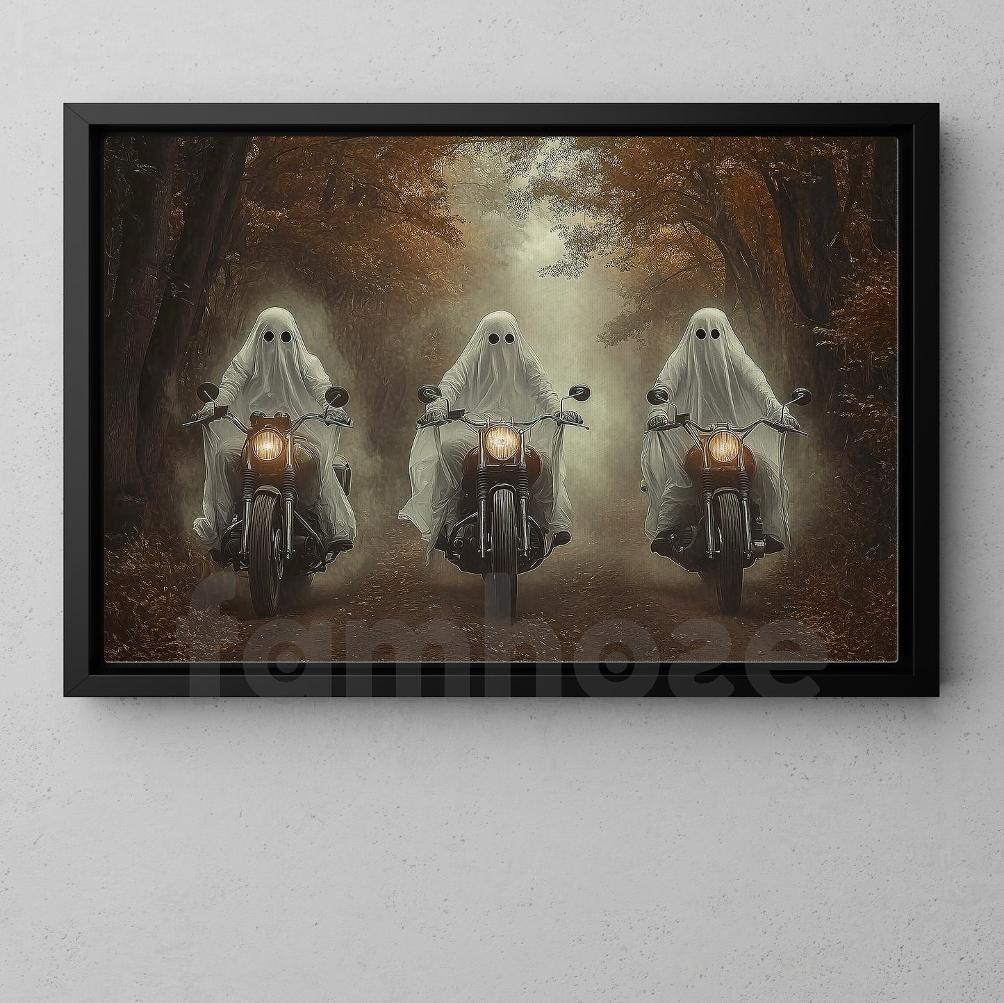 Halloween Motorcycle Canvas Painting, Ghost Riders Of The Autumn Road Wall Art Decor, Spooky Season Poster Gift For Biker