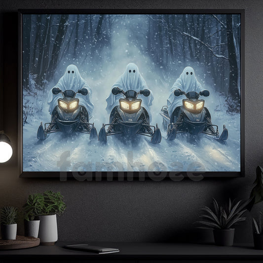 Halloween Snowmobile Canvas Painting, Ghost Riders Of The Snow Wall Art Decor, Spooky Season Poster Gift For Snowmobile Lovers