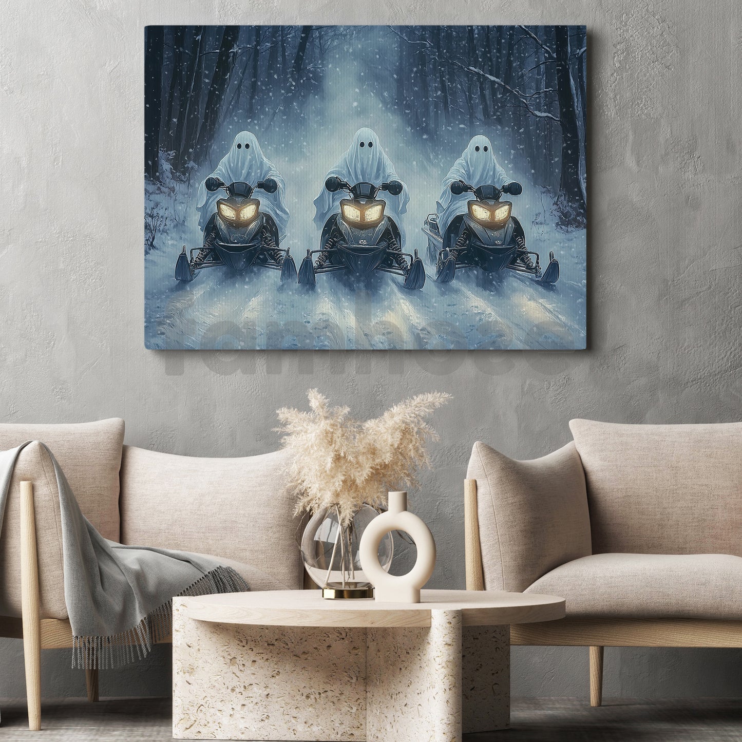 Halloween Snowmobile Canvas Painting, Ghost Riders Of The Snow Wall Art Decor, Spooky Season Poster Gift For Snowmobile Lovers