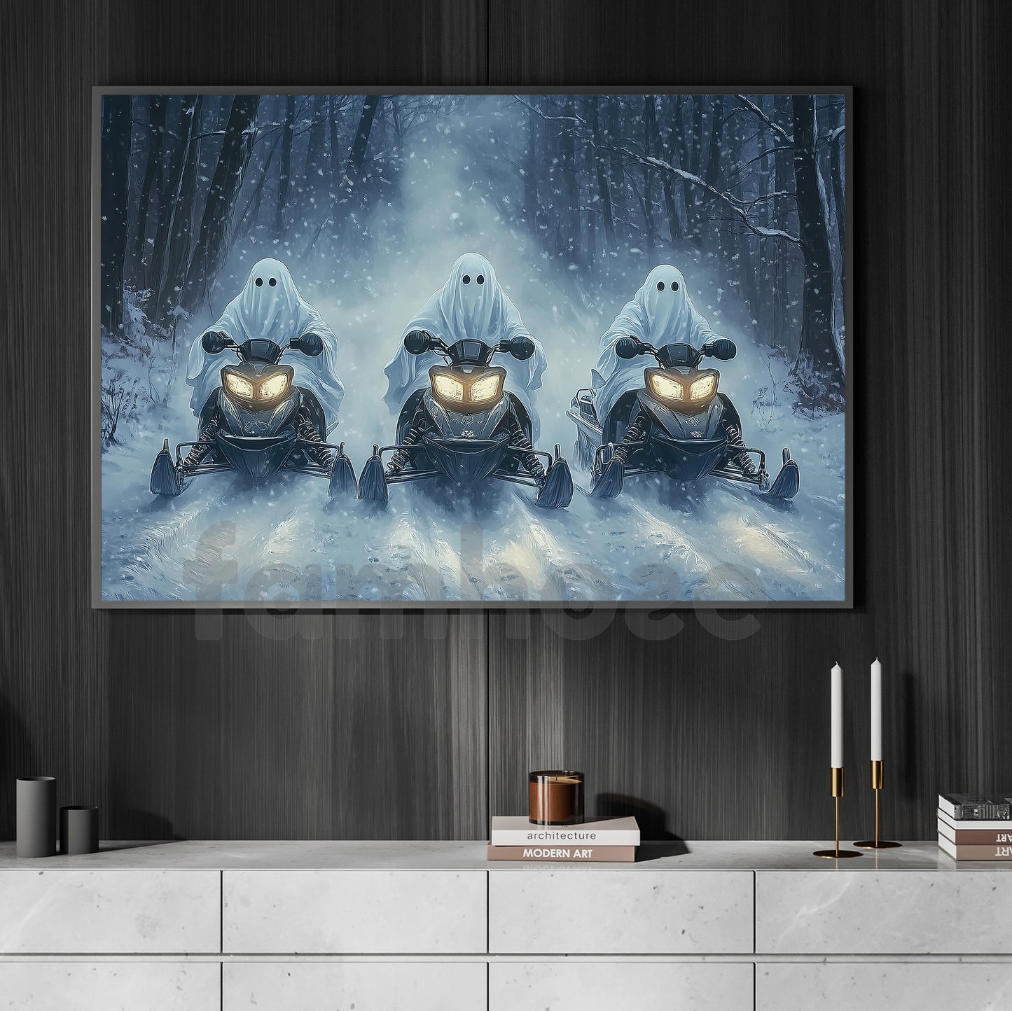 Halloween Snowmobile Canvas Painting, Ghost Riders Of The Snow Wall Art Decor, Spooky Season Poster Gift For Snowmobile Lovers