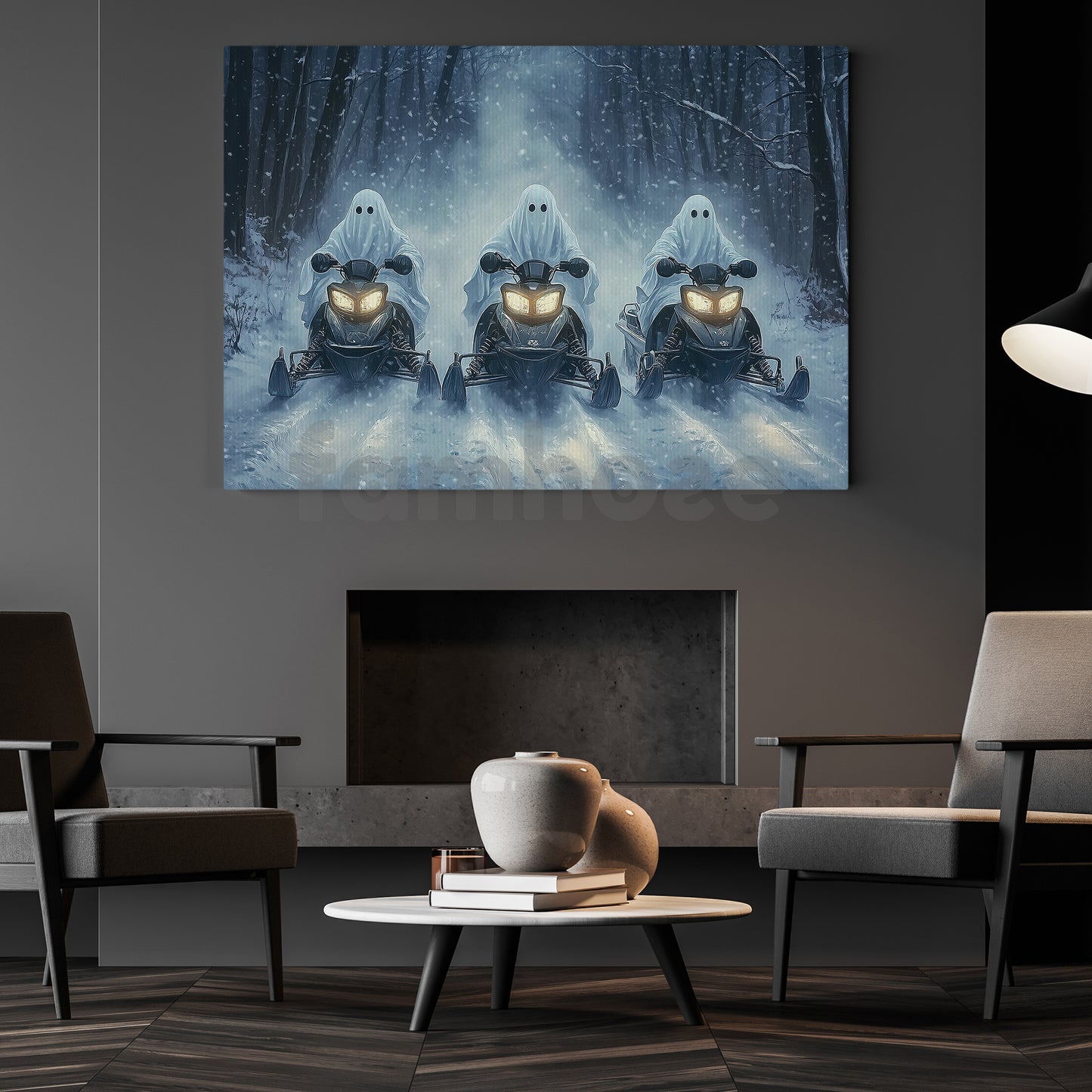 Halloween Snowmobile Canvas Painting, Ghost Riders Of The Snow Wall Art Decor, Spooky Season Poster Gift For Snowmobile Lovers