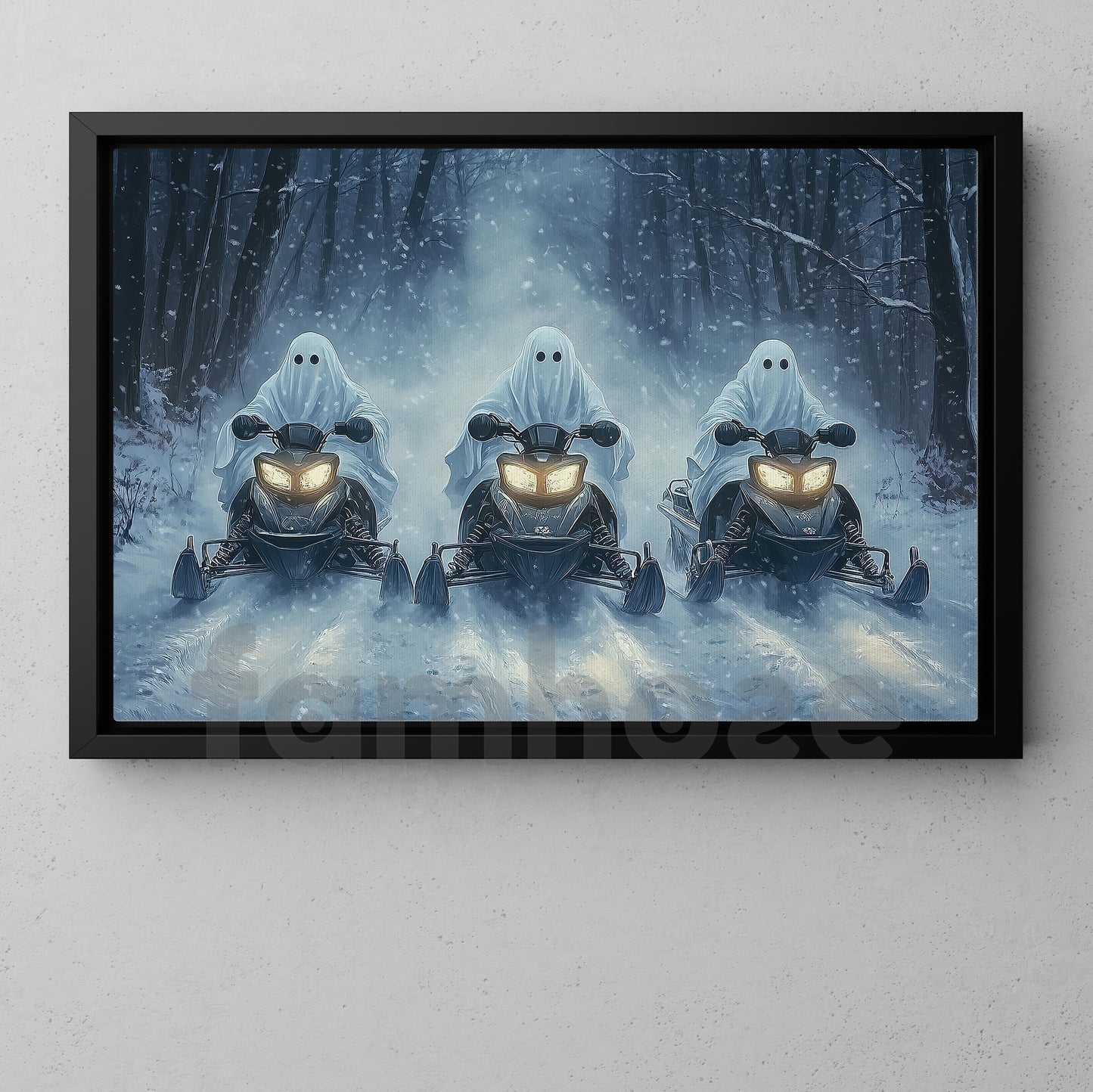 Halloween Snowmobile Canvas Painting, Ghost Riders Of The Snow Wall Art Decor, Spooky Season Poster Gift For Snowmobile Lovers
