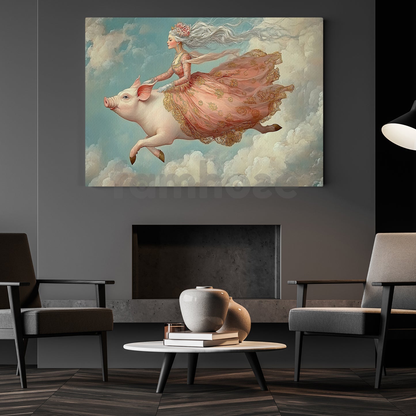 Funny Flying Pig Canvas Painting, Fantasy Princess Riding Pig Wall Art Decor, Whimsical Surreal Artwork For Living Room Decor