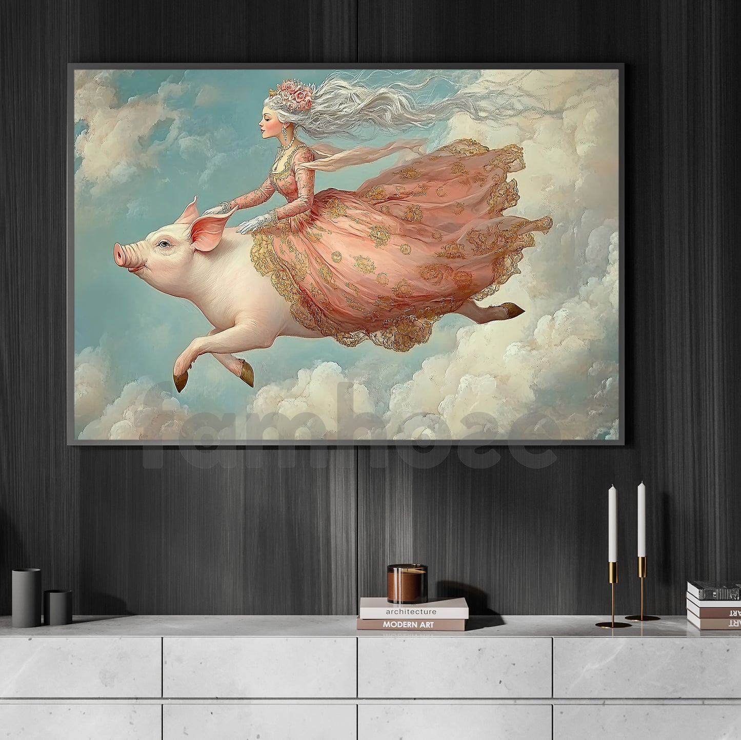 Funny Flying Pig Canvas Painting, Fantasy Princess Riding Pig Wall Art Decor, Whimsical Surreal Artwork For Living Room Decor