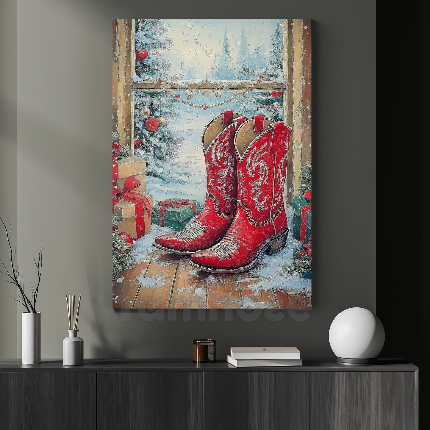 Christmas Cowboy Boots Canvas Painting, Rustic Cowboy Christmas Wall Art Decor Xmas Poster Gift For Cowboys