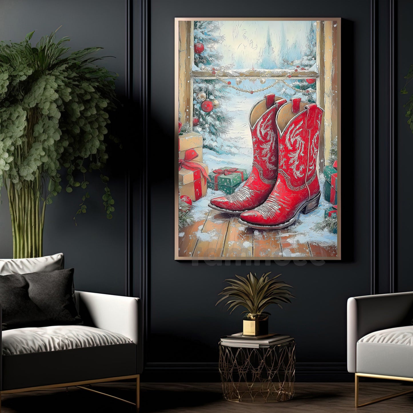 Christmas Cowboy Boots Canvas Painting, Rustic Cowboy Christmas Wall Art Decor Xmas Poster Gift For Cowboys