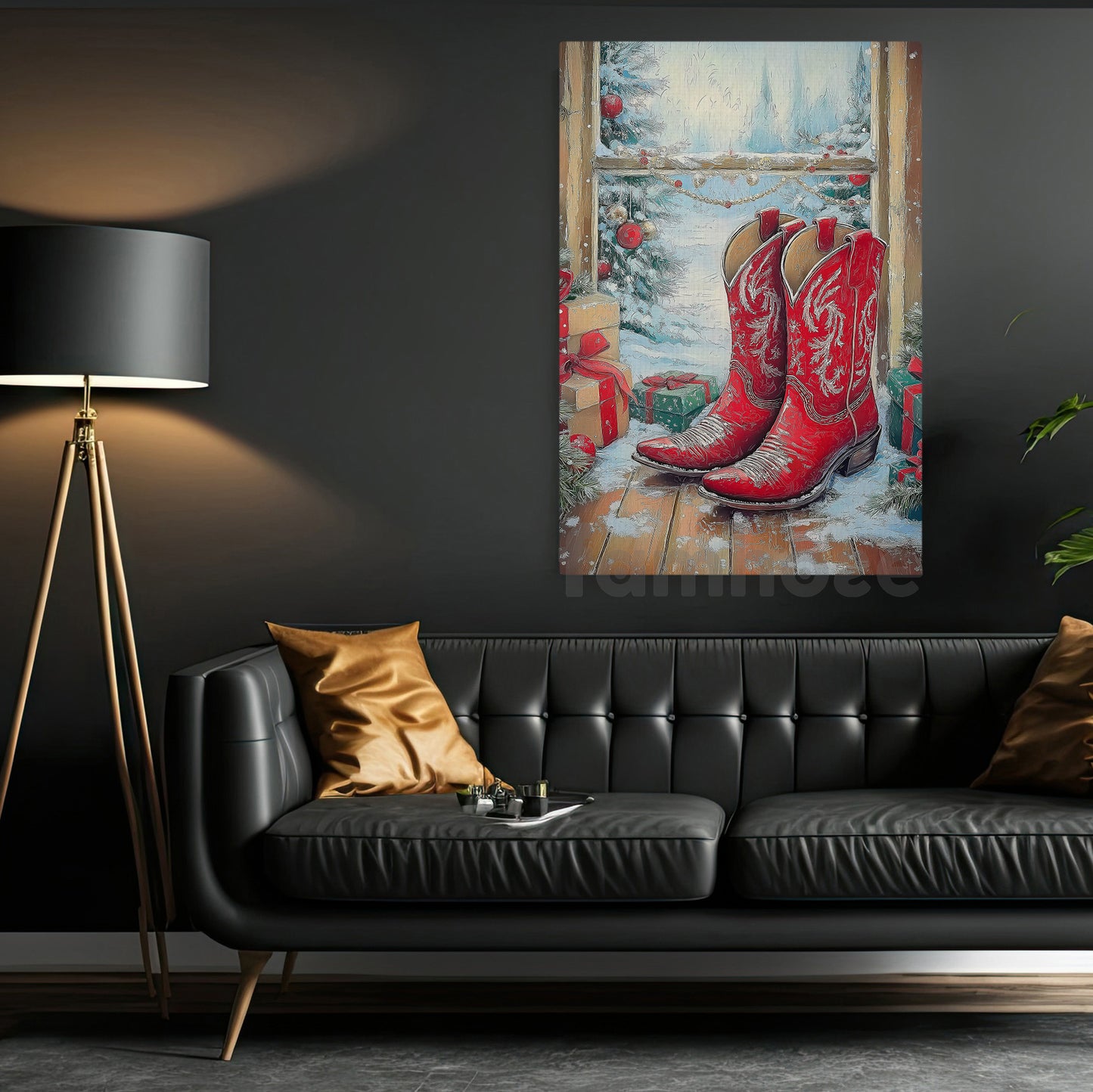 Christmas Cowboy Boots Canvas Painting, Rustic Cowboy Christmas Wall Art Decor Xmas Poster Gift For Cowboys