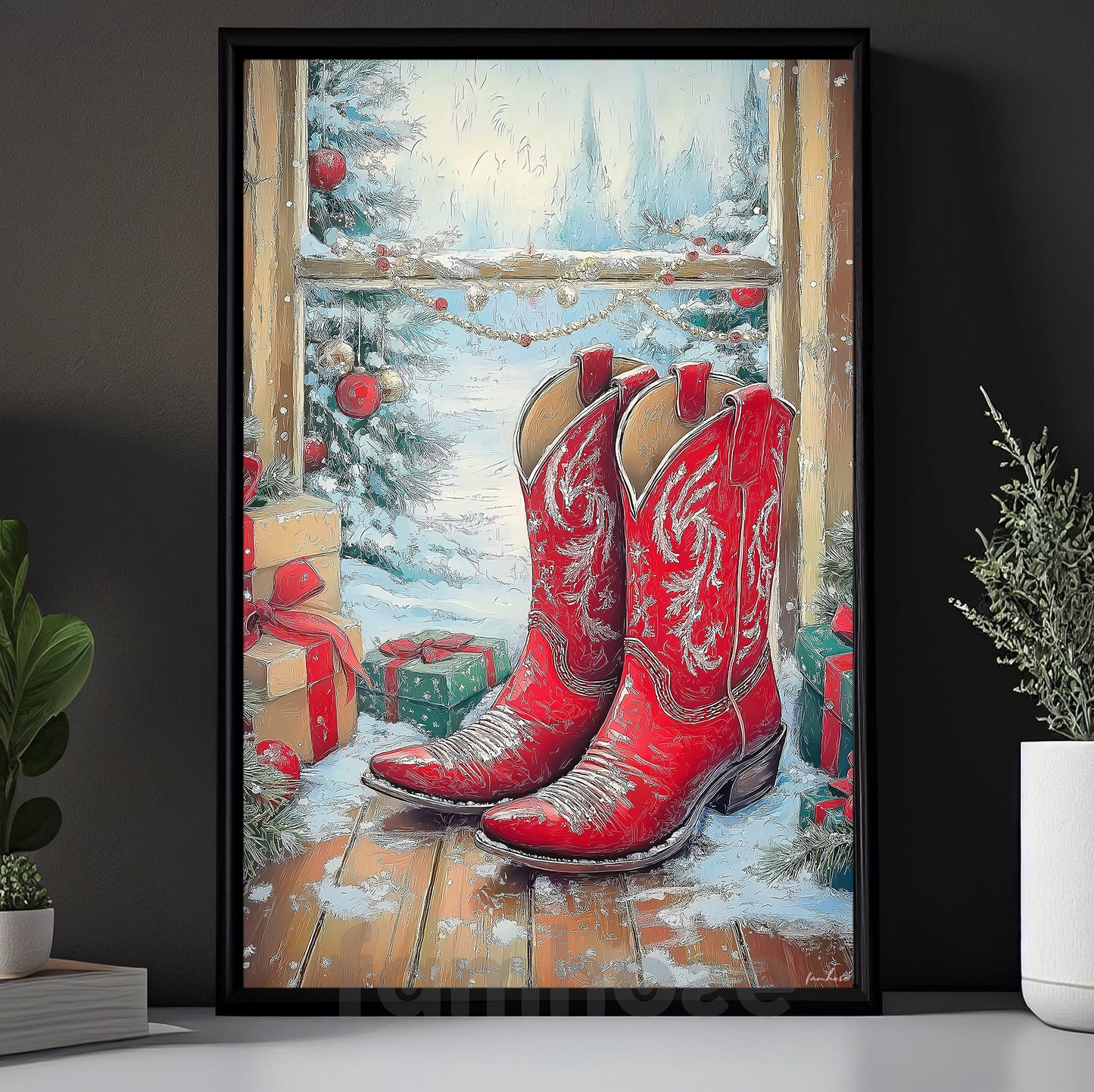 Christmas Cowboy Boots Canvas Painting, Rustic Cowboy Christmas Wall Art Decor Xmas Poster Gift For Cowboys
