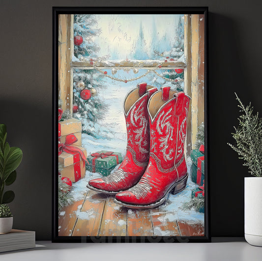 Christmas Cowboy Boots Canvas Painting, Rustic Cowboy Christmas Wall Art Decor Xmas Poster Gift For Cowboys