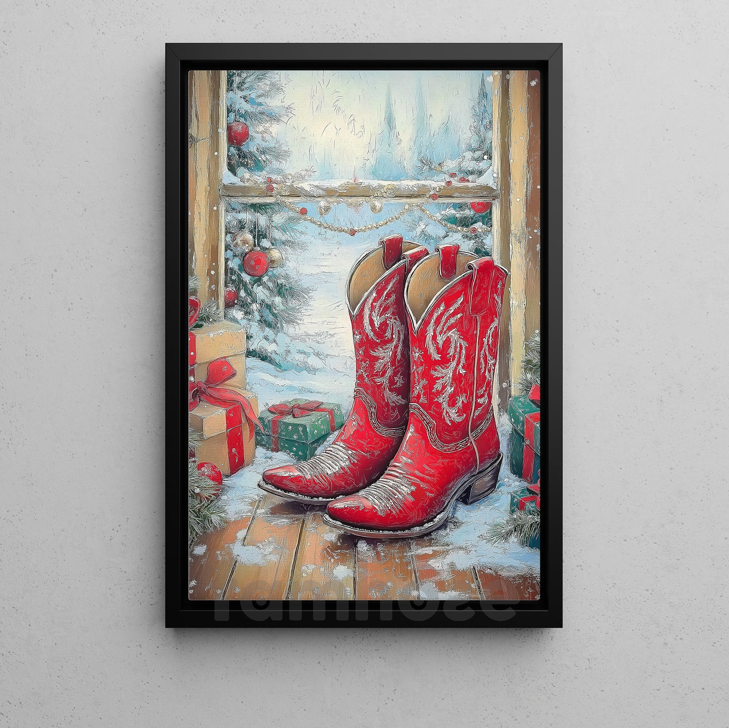Christmas Cowboy Boots Canvas Painting, Rustic Cowboy Christmas Wall Art Decor Xmas Poster Gift For Cowboys