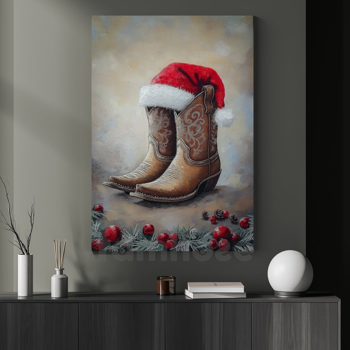 Christmas Cowboy Canvas Painting, Rustic Cowboy Christmas Wall Art Decor Xmas Poster Gift For Cowboys